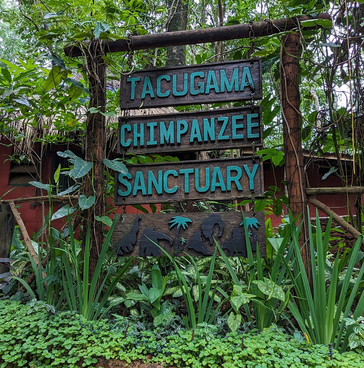 Cartel del santuario entre la vegetación.